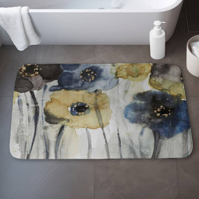 Gray blue and yellow flowers Bath Mat with Non-Slip Backing - Quick Dry Memory Foam Bathroom Rug - Absorbent - Modern Plush Spa-Style - Machine Washable