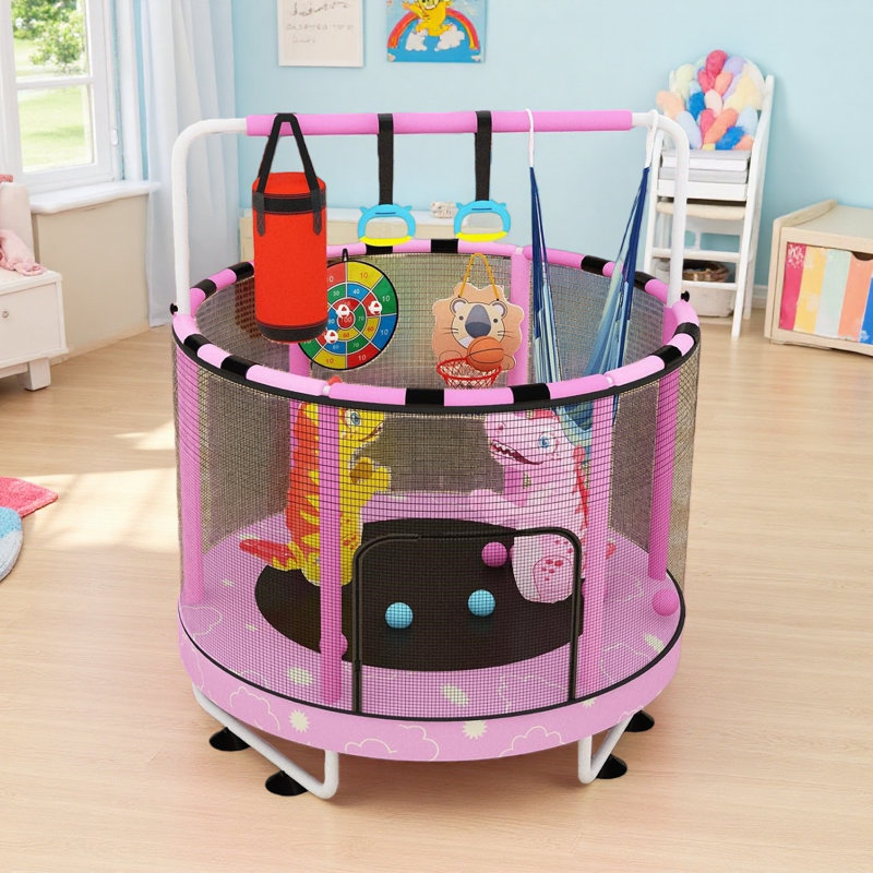 7-In-1 Round Trampoline, 55" Indoor & Outdoor Trampoline For Fun, Trampoline For Kids With Enclosure For Boys & Girls