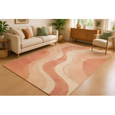 Tapis d'intérieur ultramince à rayures ondulées « 152 x 213 cm » pour salon, doux et à poils courts, avec envers antidérapant en silicone. Parfait pour la chambre, le bureau ou la salle familiale. Couleur : corail pêche beige.