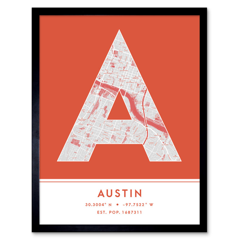 Austin City Map Austin Orange 1 Piece Single Picture Frame Wall Art