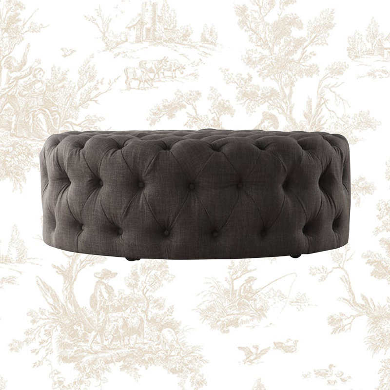 Willa 42" W Tufted Round Cocktail Ottoman , Linen, Heathered Dark Grey Linen
