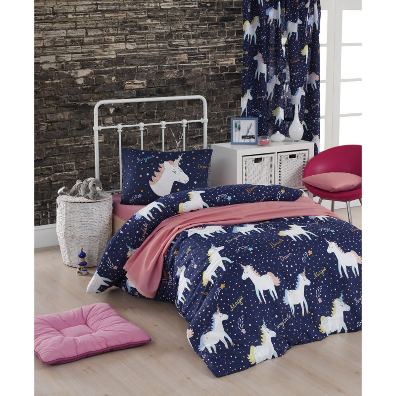 Ensemble de housse de couette simple TG, bleu foncé et blanc avec accents jaunes, housse de couette 61 x 79 et taie d'oreiller 31 x 31 | 65% coton / 35% polyester, lavable à la machine, 120 fils, fermeture à boutons et enveloppes