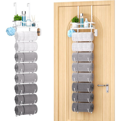 9-Tier Over The Door Towel Rack With Shelf, Space-Saving Wall Mounted Or Door Hanging Bathroom Towel Holder And Storage Organizer For Small Spaces