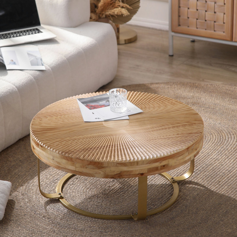 Modern Round Carved Wooden Coffee Table with Metal Legs for Living Room, Office, and Reception Areas, Gold