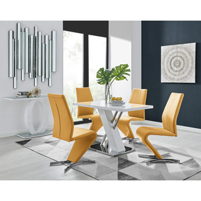 Sorro Cross Luxury High Gloss & Chrome Dining Table Set with 4 Modern Design Faux Leather Chairs