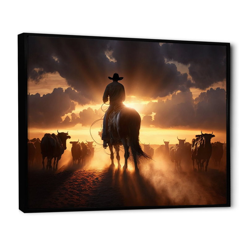 Narvin Wrangler In Sunset IV - art mural coucher de soleil, H 16 po x l 32 po x P 1 po, Cadre flottant noir