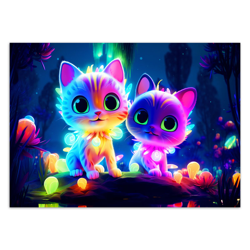 Cute Neon Cats - No Frame Print on Canvas, 70cm H x 100cm W
