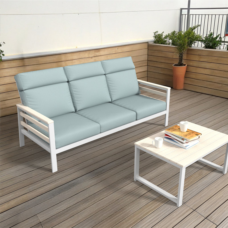 Canapé d'extérieur en métal avec coussin Sunbrella Townsend, Rosée du bonheur, Blanc