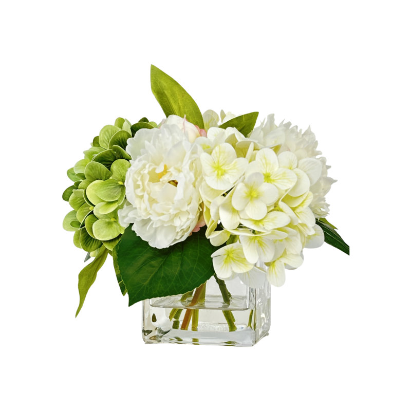 Centre de table artificiel en pivoines et hortensias artificiels, Vert