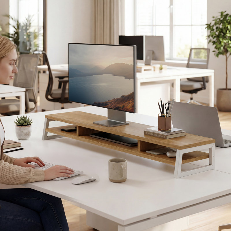 Élévateur double pour bureau, tablette ouverte avec 3 compartiments de rangement