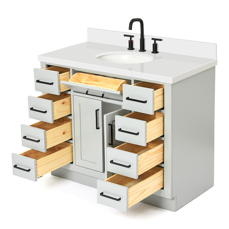 Tidworth 42' Solid Wood Single Bathroom Vanity with 1.5' White Quartz Top, Gris / noir mat, Ovale