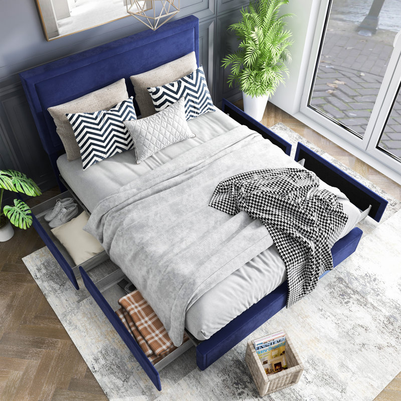 Upholstered Platform Storage Bed, Full, Navy