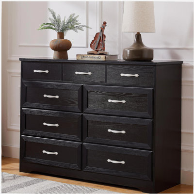 Coiffeuse de chambre à coucher, longue coiffeuse à 9 tiroirs avec poignées rétro, garde-robe de chambre d'enfant en bois, salon, entrée et couloir, noir