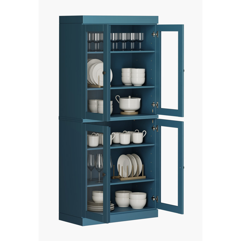 Garde-manger 32 po Kaniesha en bois massif avec portes en verre transparent et tablettes réglables, Sarcelle