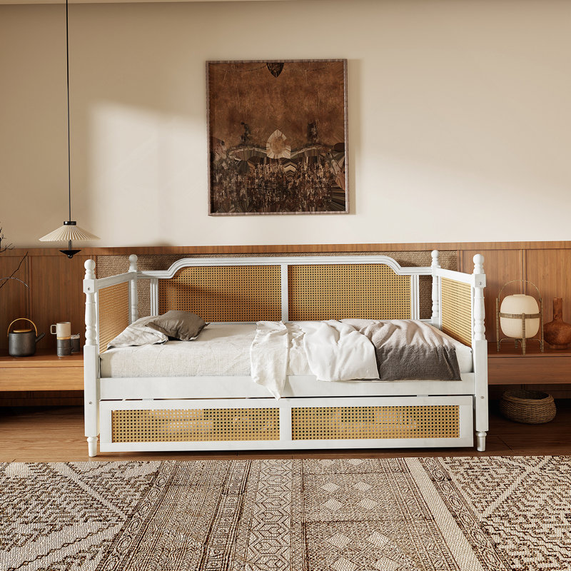 Lit de jour en rotin avec 2 tiroirs, Lit simple, Blanc antique