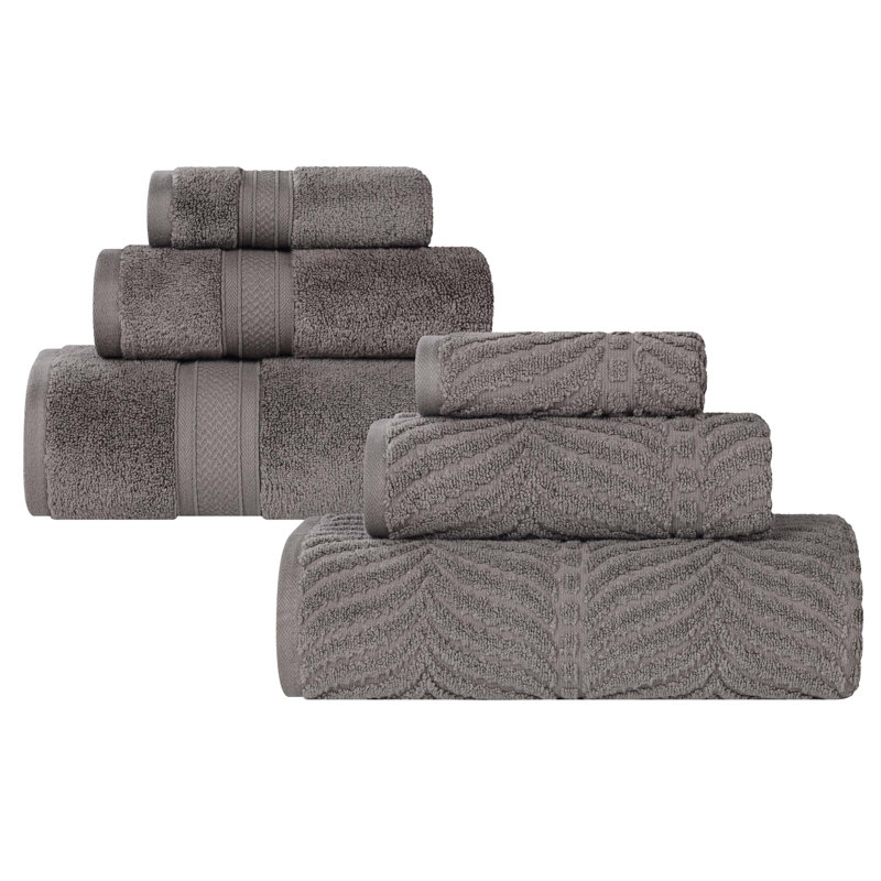 Amaretto Chevron Zero Twist Solid and Jacquard Cotton 6 Piece Bathroom Towel Set, Charcoal