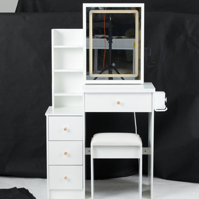Petite coiffeuse de style américain: meuble-lavabo de chevet gauche de 29,2 po avec tabouret rembourré, 2 prises de courant alternatif et 2 ports de recharge, miroir à DEL tactile réglable en trois couleurs, matériau blanc