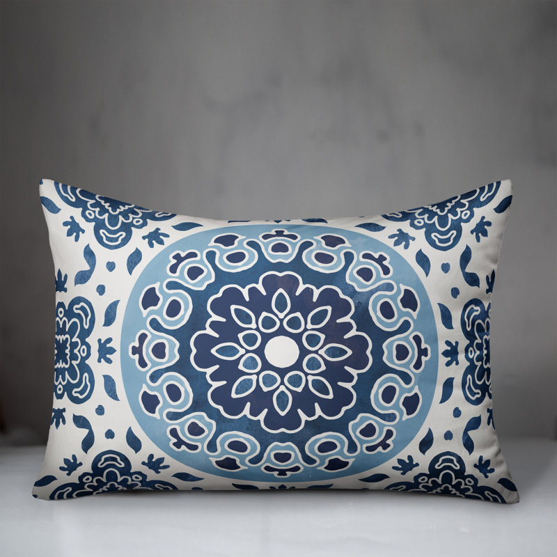 Outdoor Reversible Throw Pillow, Blue, Floral 2