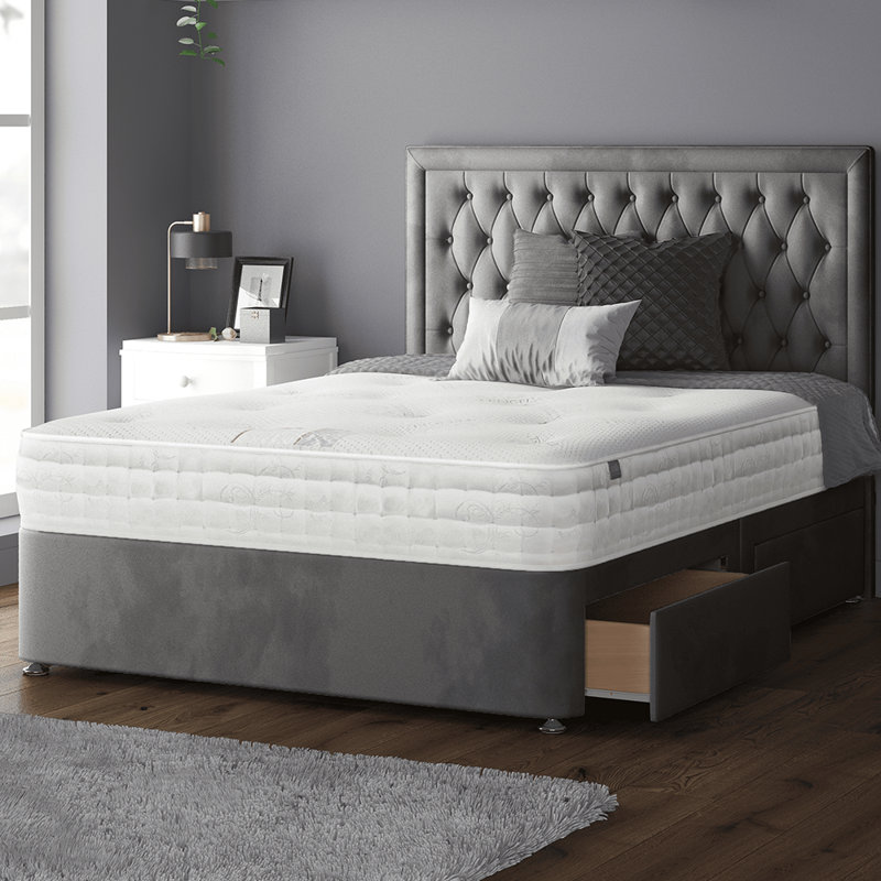 Gallego Upholstered Divan Bed, Small Double (4'), Grey, 2 Foot-end Drawers