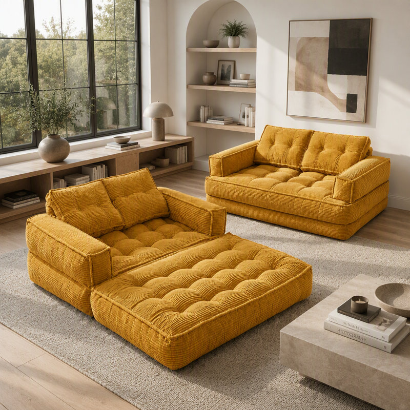 Canapé modulaire 51,18 pouces à 2 places en velours côtelé avec méridienne, canapé convertible 2-en-1 orange, canapé-lit double avec accoudoirs pour salon