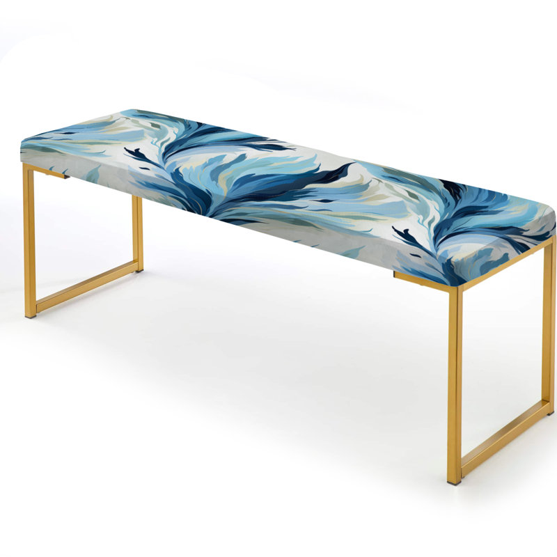 Abstract Upholstered Gold Bench, Blue And White Coastal Ikat Breeze