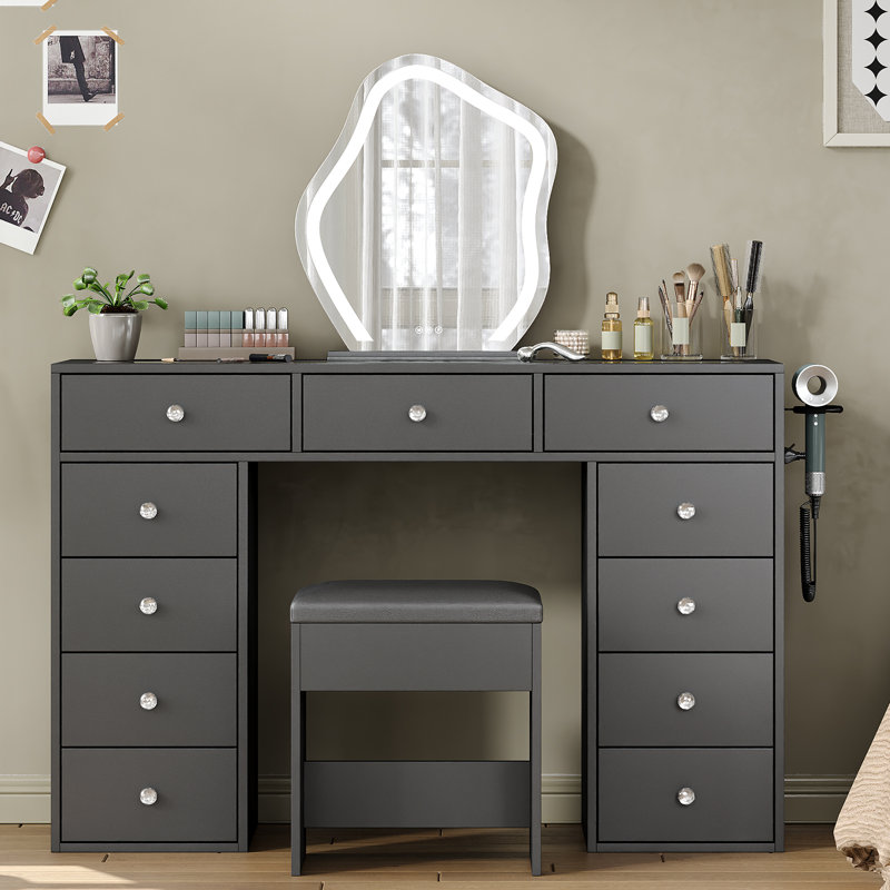 Bureau de coiffeuse sans miroir, coiffeuse de maquillage avec 11 tiroirs et station de charge, meuble-lavabo blanc avec rangement pour la chambre à coucher, bureau d'ordinateur pour la chambre à coucher