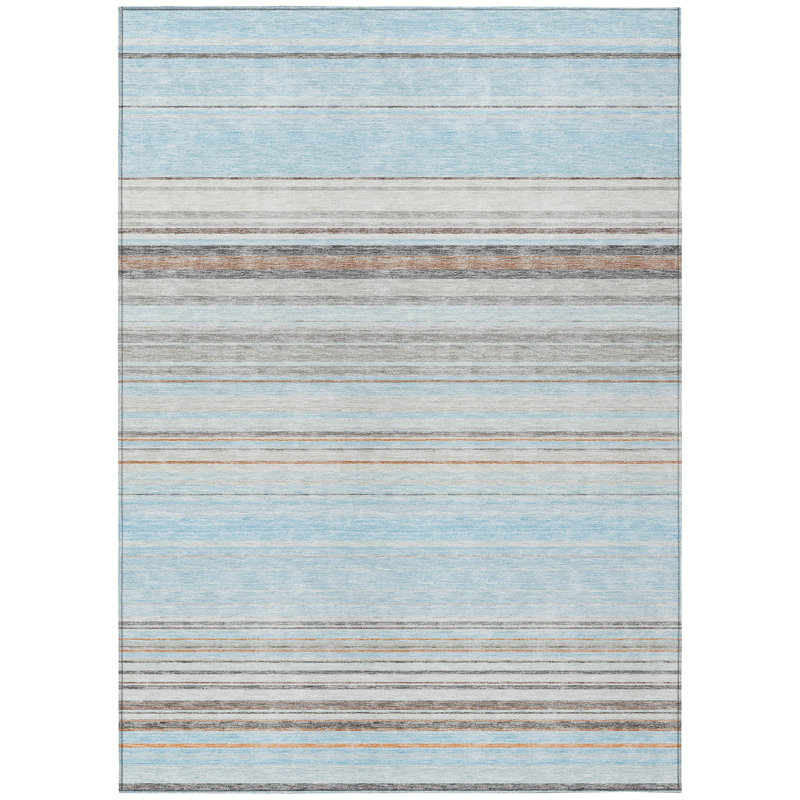 3' X 5' Sky Blue Gray Striped Washable Indoor Outdoor Area Rug
