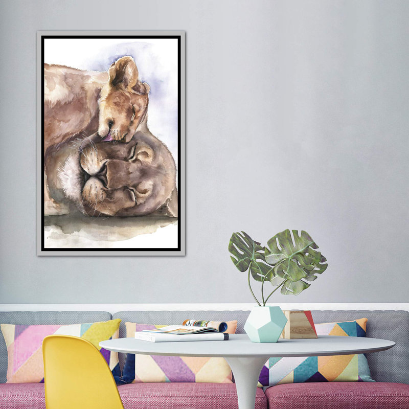 Happy Lions, art encadré, H 60 po x l 40po x P 1,5 po, Toile encadrée argentée