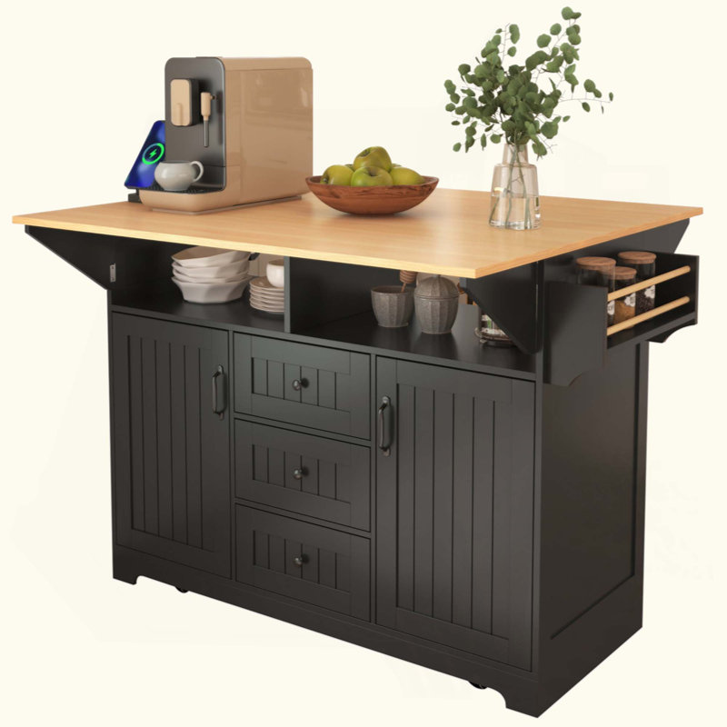 Kitchen Island With 2 Drop Leaf,, Rolling Kitchen Cart On 5 Wheels With Power Outlet, Folding Storage Dining Table With Spice & Towel Rack , 3 Drawers, For Kitchen, Dining Room