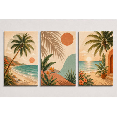 Large Set of 3 Tropical Beach Wall Art, Coastal Palm Tree Ocean Canvas Prints for Living Room Bedroom Decor, 16x24 Inch Canvas Print - Ready to hang