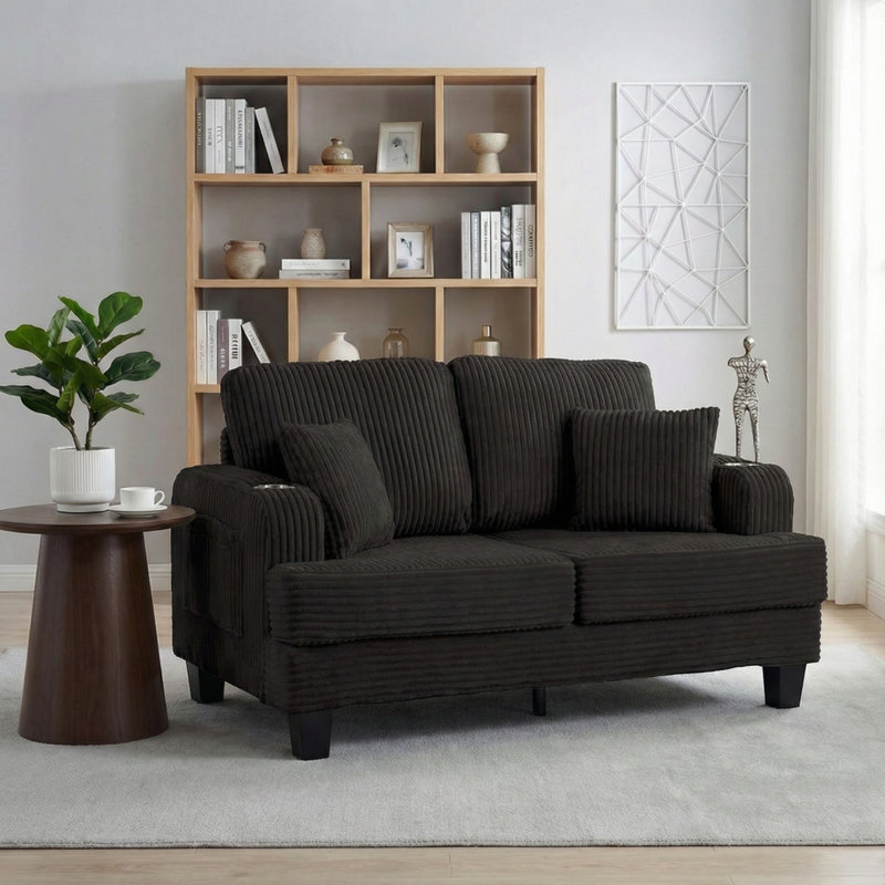 61" Corduroy Loveseat with Built-In Cup Holders & Armrest Pockets – 2-Seater Sofa for Cozy Living Rooms, Gaming Nooks & Small Spaces