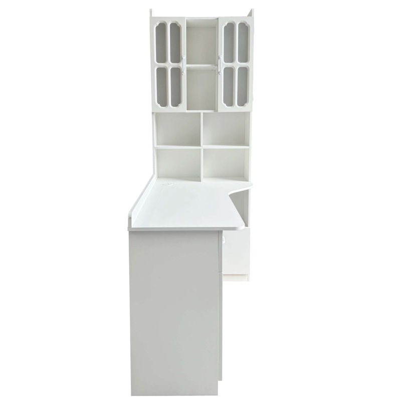 Bureau d'étude de coin blanc en L avec rangement multi-rangement blanc, table de travail 2-en-1