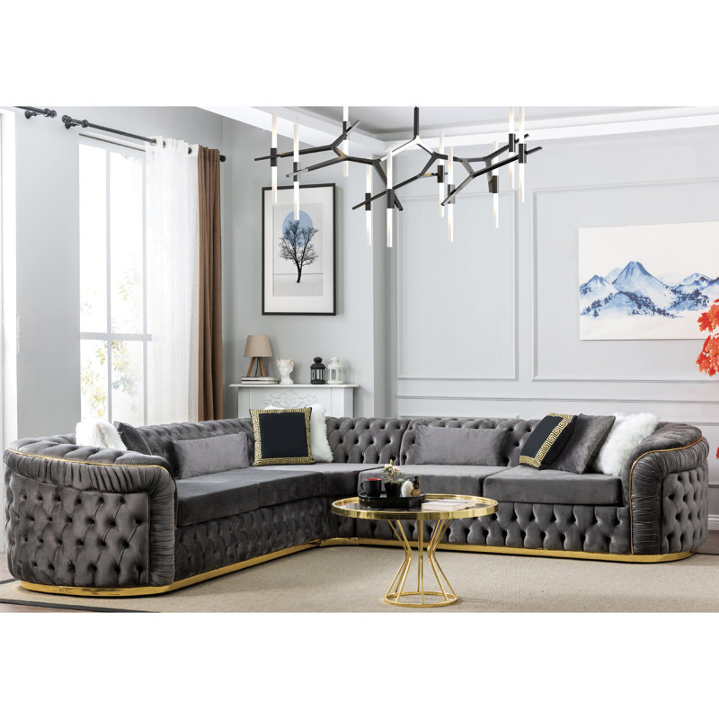 Varinia 120" Wide Symmetrical Sofa & Chaise, Gray Velvet