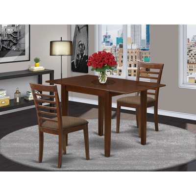3 Piece Dining Set Contains a Rectangle Dining Room Table with Dropleaf and 2 Linen Fabric Upholstered Kitchen Chairs, 30x48 Inch, Mahogany