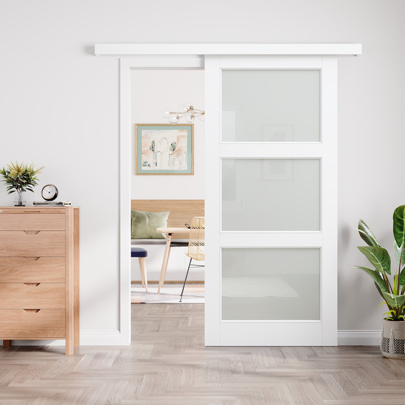 Porte de grange coulissante en verre givré 3-Lite Hidden Style, Frosted Glass, 36 po x 80 po, Standard