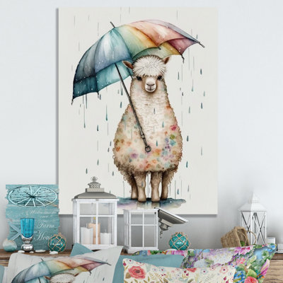 Mignon Liama avec parapluie, jour de pluie - lama animaux, impression sur toile