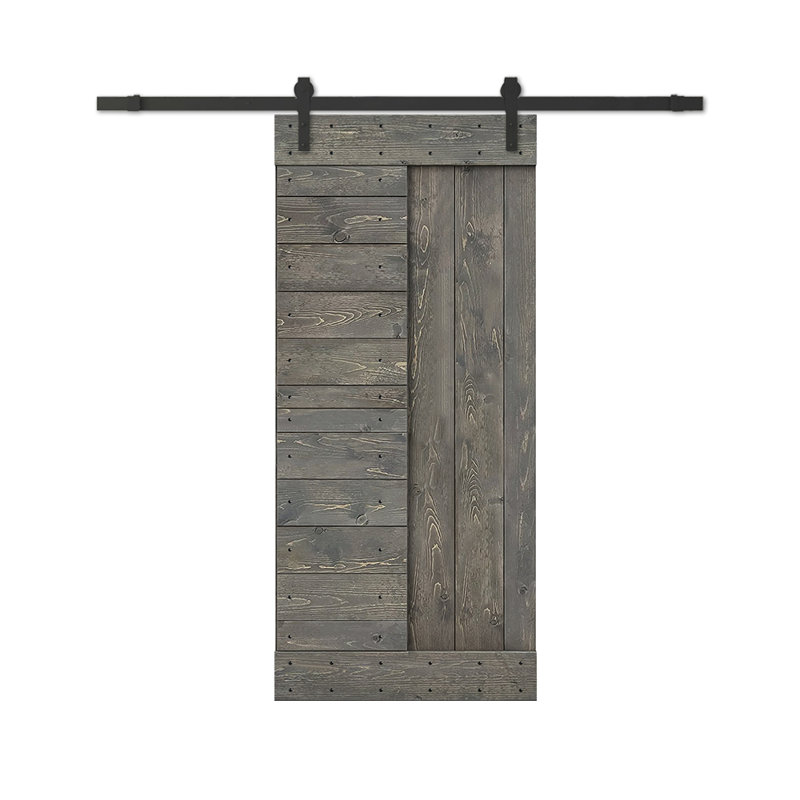 Porte de grange à panneaux et en bois avec quincaillerie d'installation, 42 po x 84 po, Gris patiné