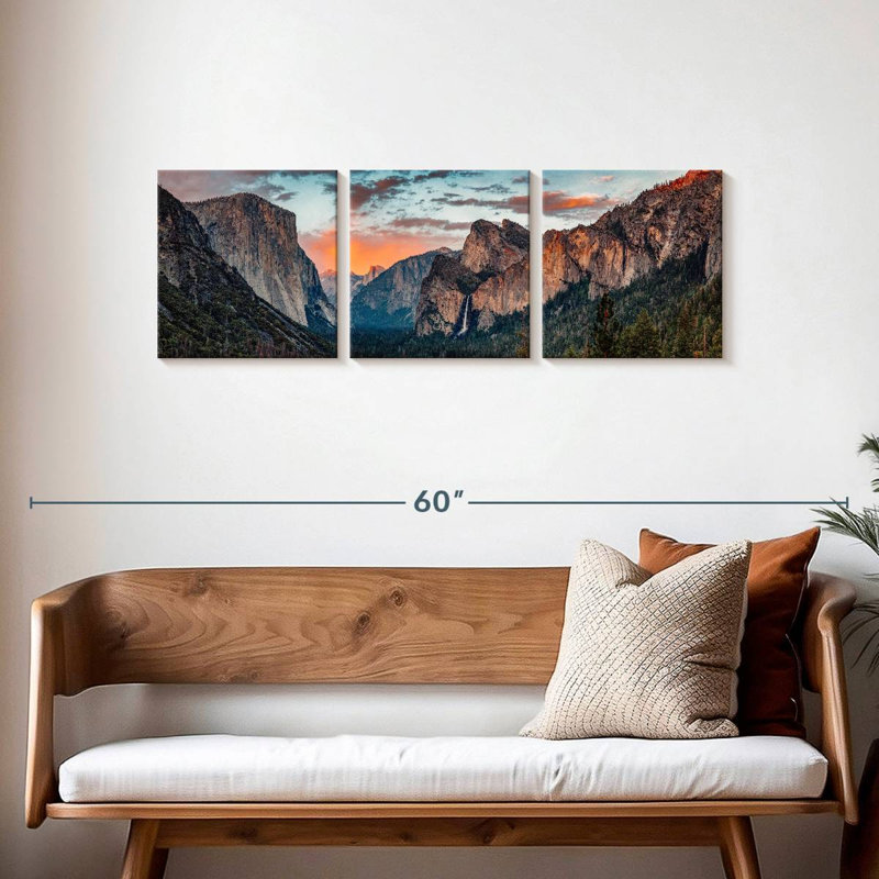 «Mountain Yosemite Sunset Splendor» sur toile, reproduction de 3 pièces, H 15 po x l 47 po
