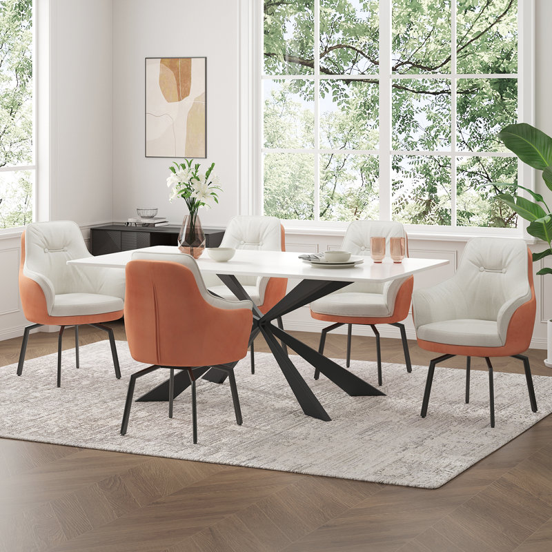 17.7"H Modern Two-Tone Upholstered Swivel Dining Armchair, White/Orange