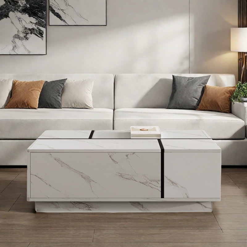 Rectangular Sliding Top Coffee Table With 2 Drawers And 2 Hidden Storage Compartments