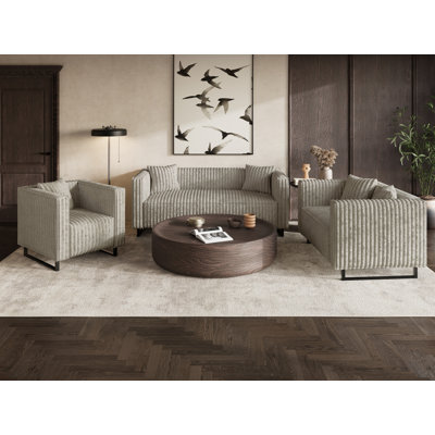 3-Pieces Mid Century Modern  Living Room Set In Beige Velvet