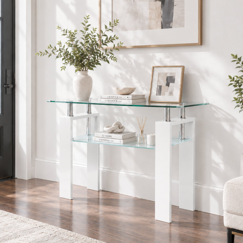 Console en verre de 120 cm (47,24 po) avec tablettes à deux niveaux en verre trempé et structure en métal, Black