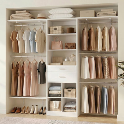 22'' - 96'' W Closet System with Wooden Drawers and Hanging Rods(Cut to Fit)