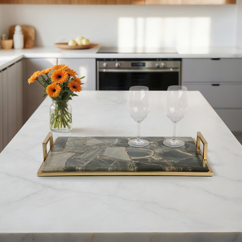 Decorative Rectangular Agate Tray for Ottoman & Coffee Table Decor - Elegant Metal Handled Accent for Home Kitchen or Jewelry Display - Green & Gold