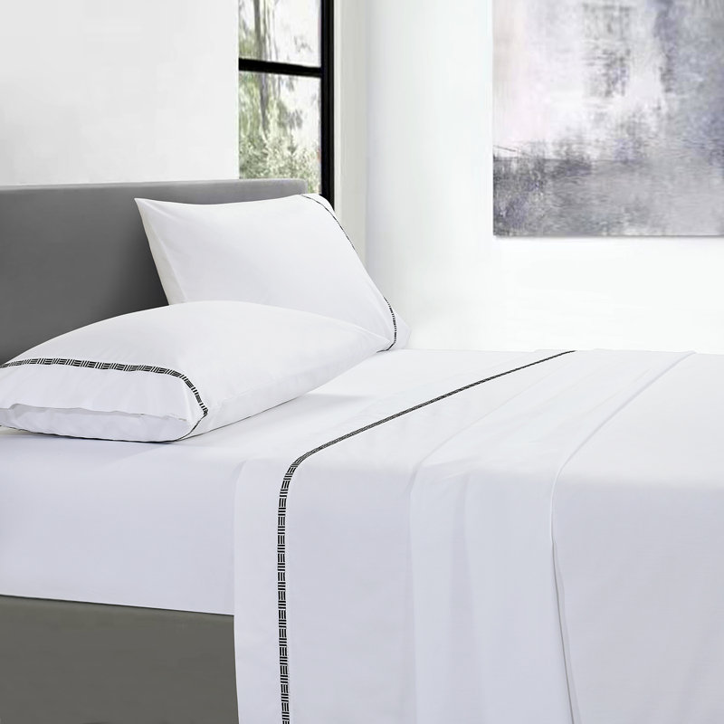 Hotel Grand TENCEL Lyocell And Cotton Blend Embroi Sateen Sheet Set, King, White/Black