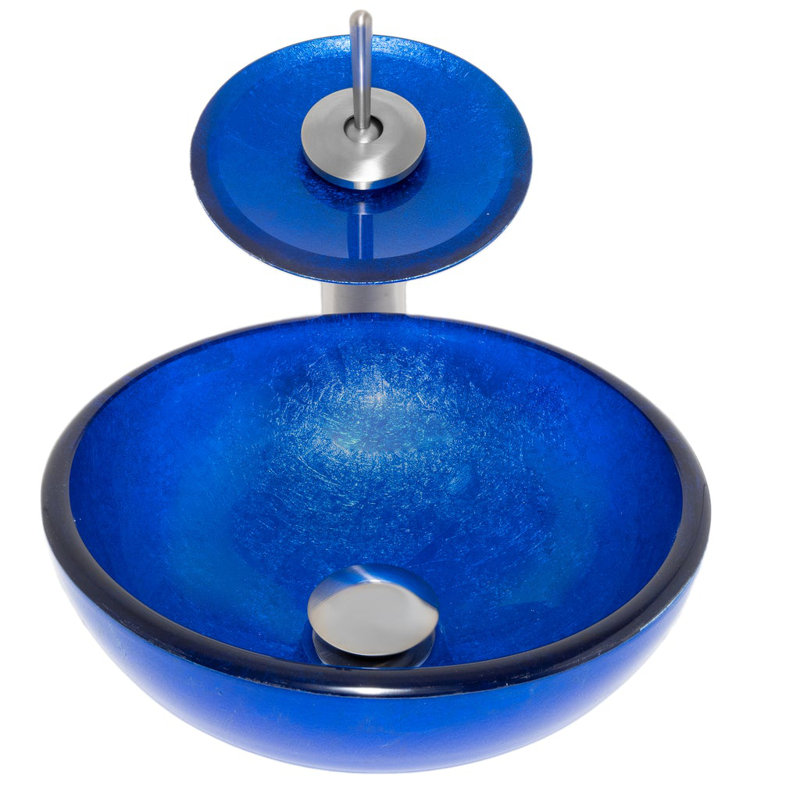 Novatto 12'' Glass Circular Bathroom Sink with Faucet, Brushed Nickel, Blue