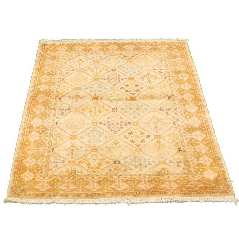 Tapis décoratif beige en laine noué à la main de conception unique 4 pi x 5 pi 10 po noué à la main New Age