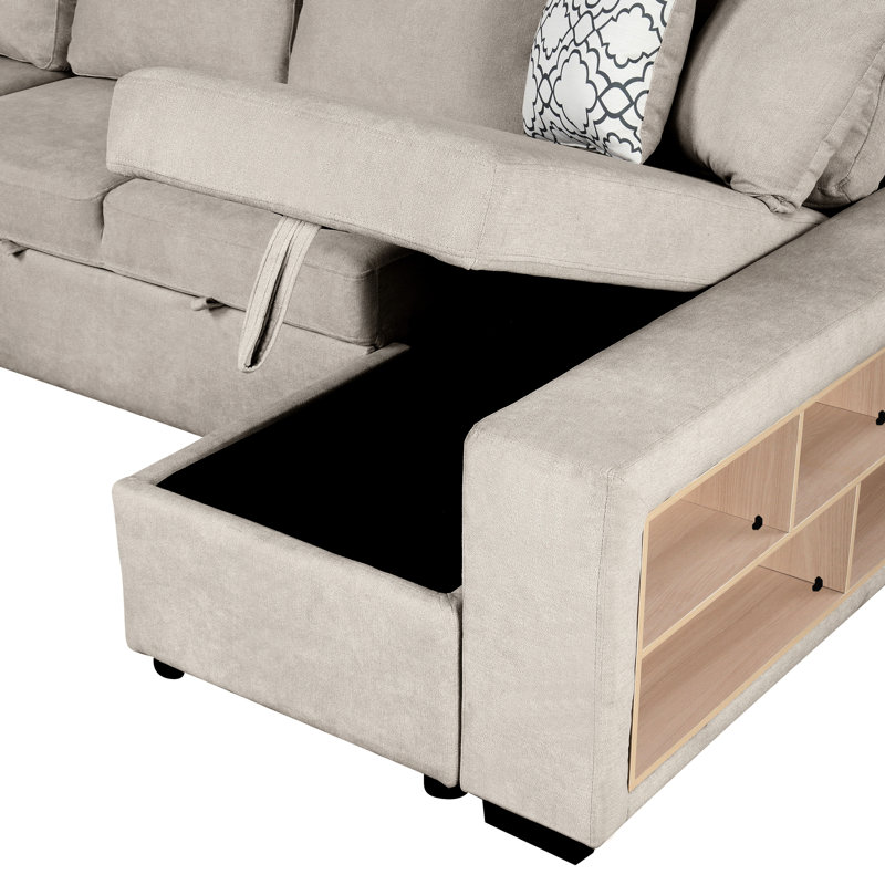 Canapé modulaire de 109 po avec lit escamotable et nombreux chargeurs de rangement beiges, sièges résilients, Chenille beige