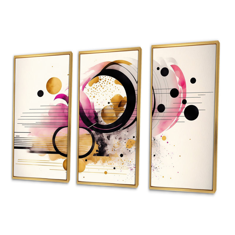 " Pink Abstract " 3 - Pieces, 32" H x 48" W x 1" D, Gold Framed