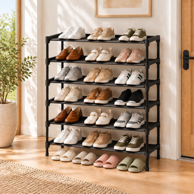 Shoe Rack - Non-Woven Shoe Rack Shelf, Shoe Organizer for Closet, Entryway, Garage & Corridor, Stackable Shoe Shelves, 27.5" Wide - 6 Tier, Black